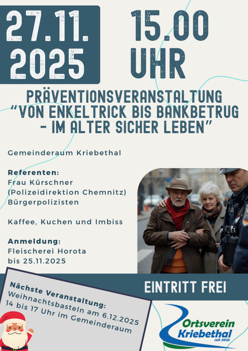Einladung zur Präventionsveranstalung "Von Enkeltrick bis Bankbetrug - im Alter sicher leben"